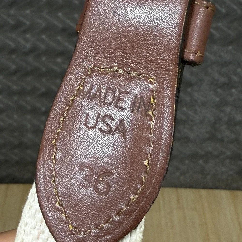 Vintage Zep Pro Belt 36 USA Sailboats Cream Cotton Brown Leather Brass Buckle